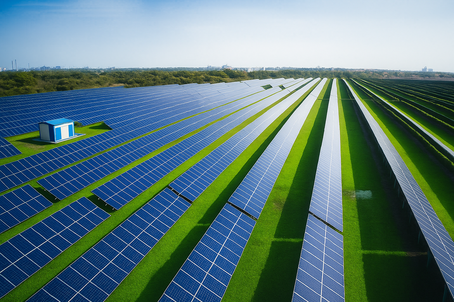 Aerial view of large solar farm installation