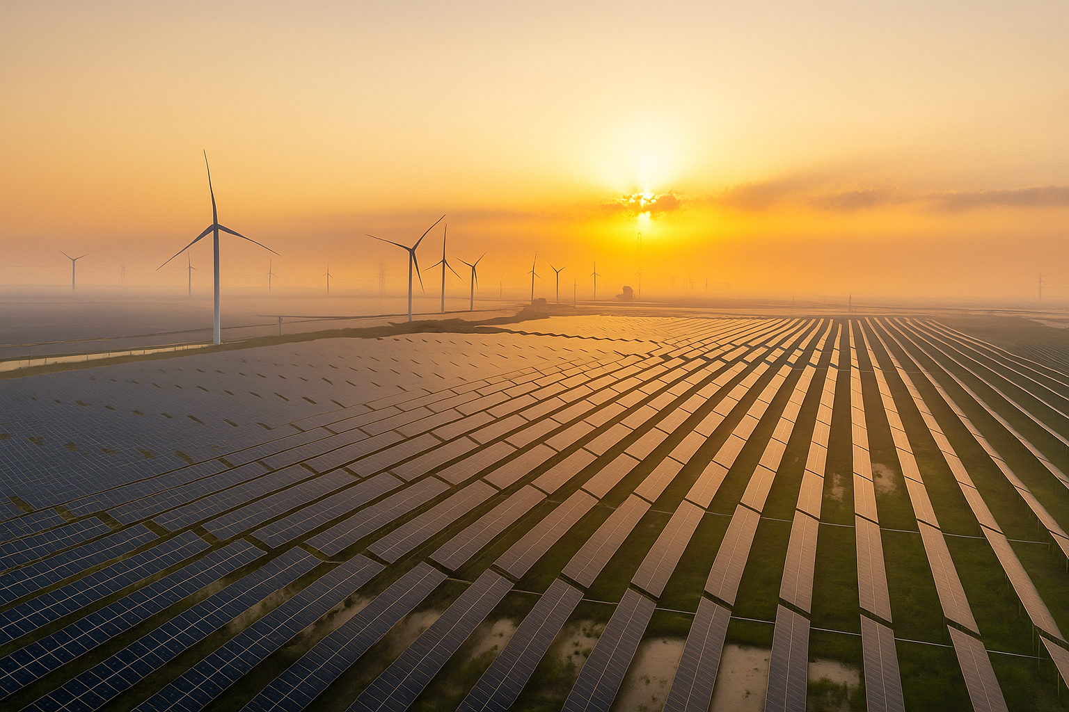 Solar panels on green field with sunset sky