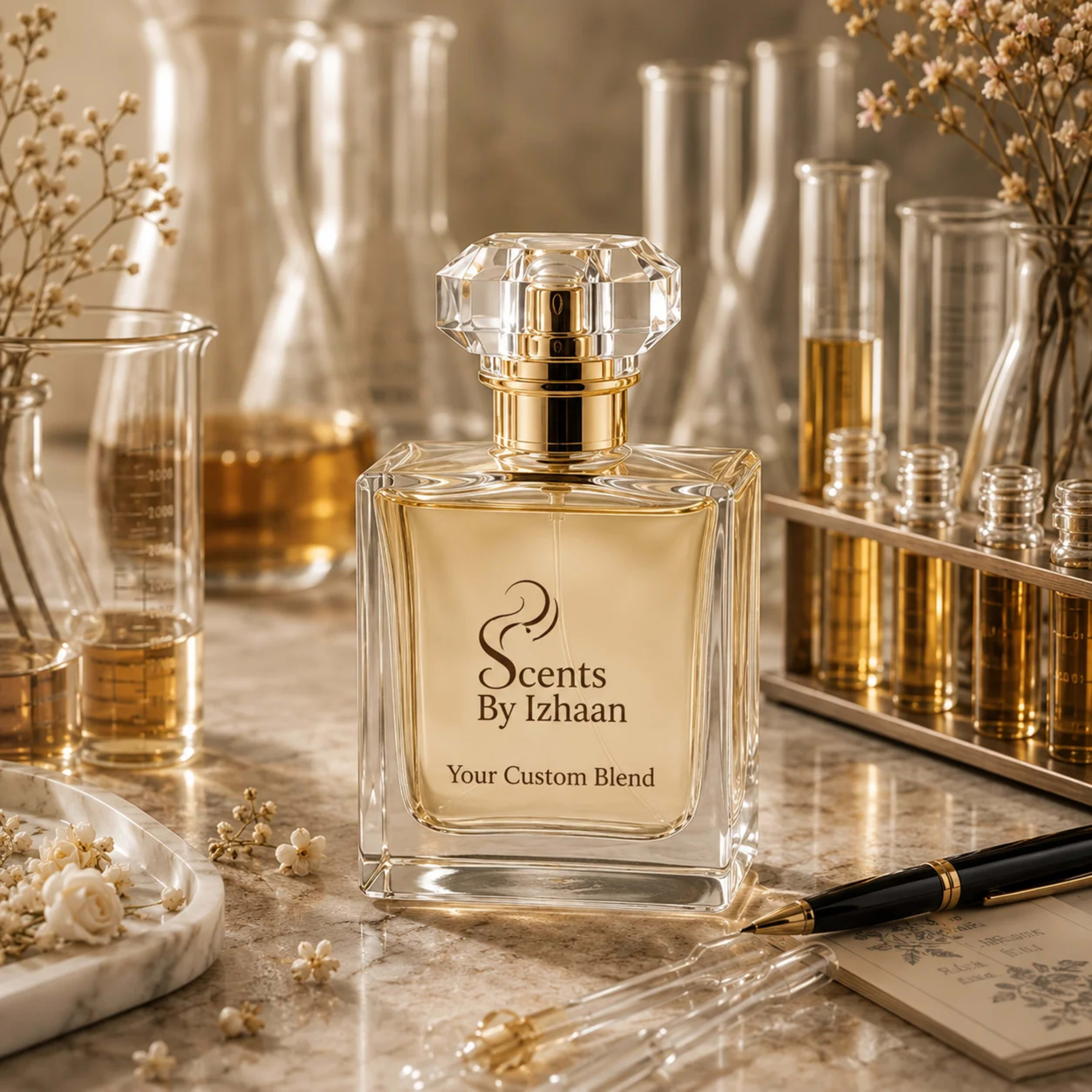 Perfume spray blend bottle with perfumer tools