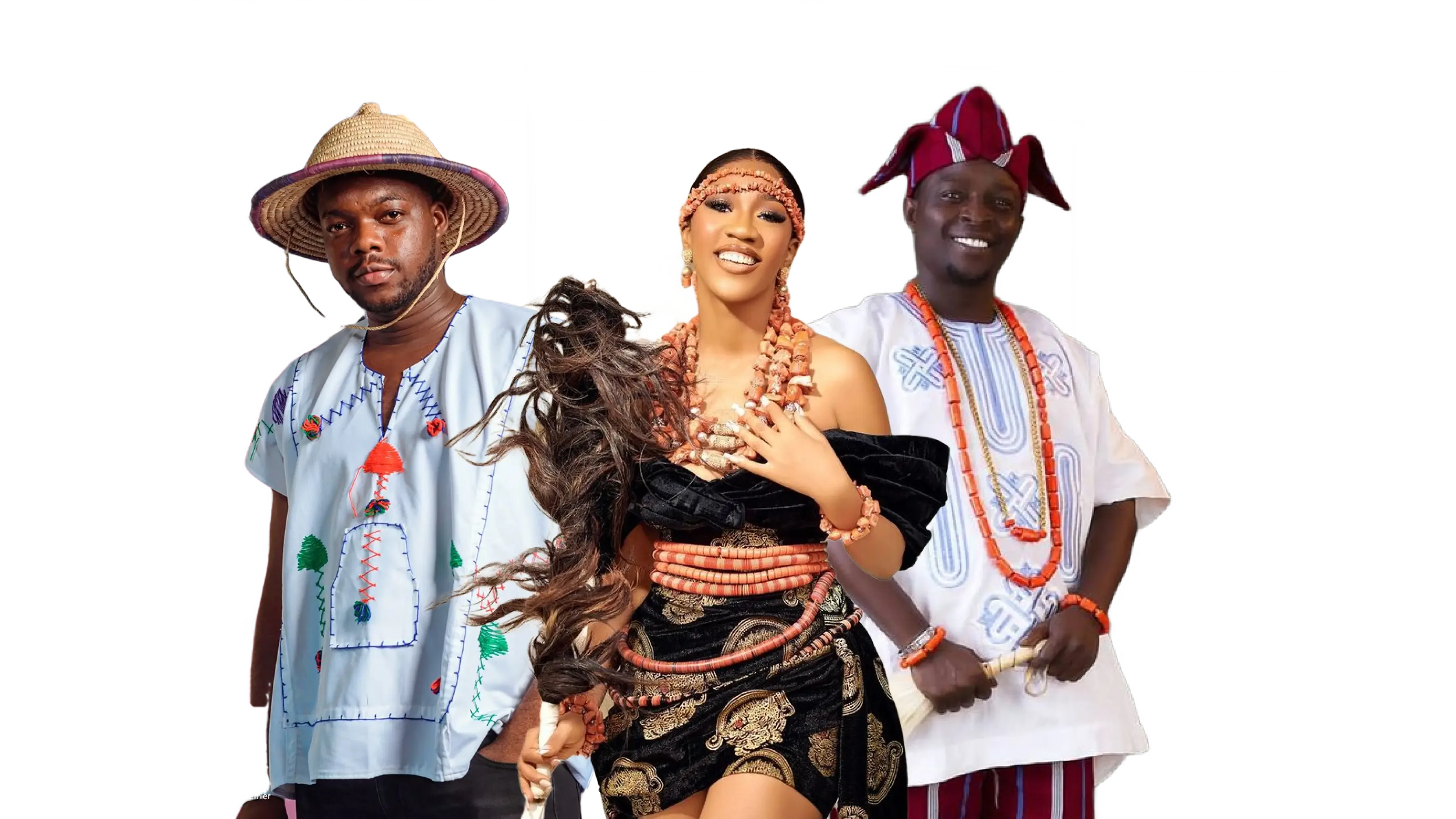 Two men with a beautiful lady in between them. They're all in traditional attire.