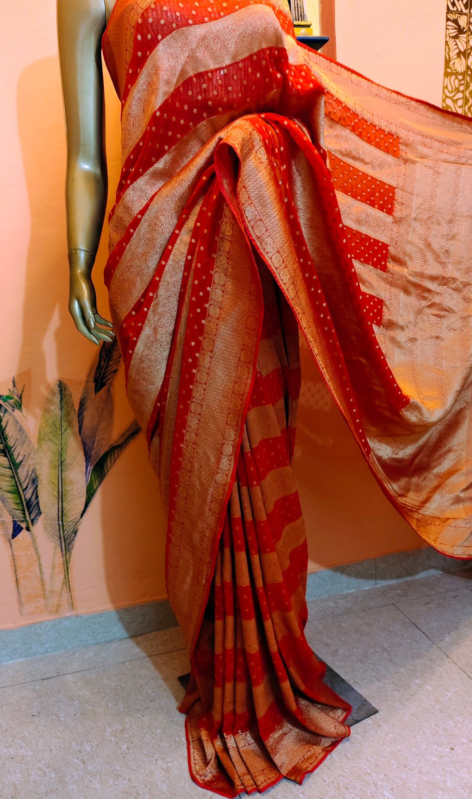 Red Striped Saree with Gold Zari Border