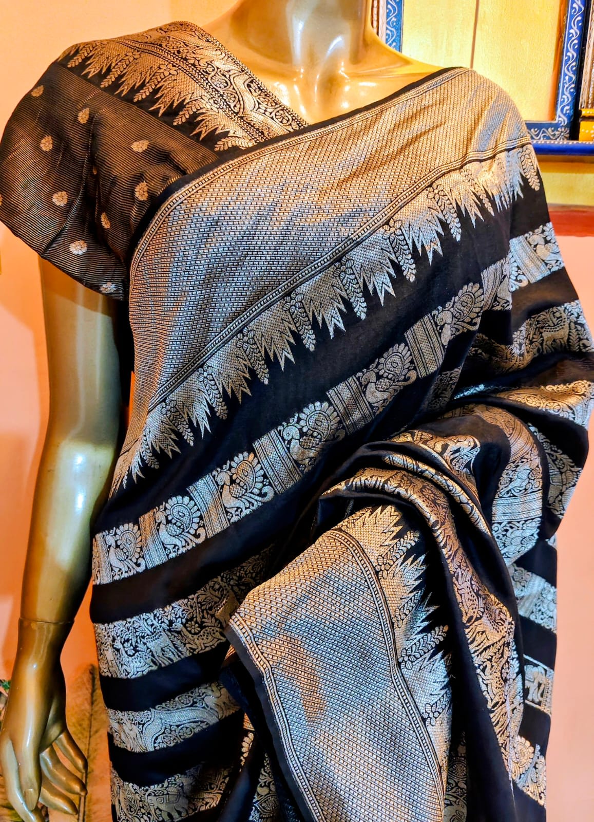 Slate Blue Saree with Gold Zari Striped Pallu