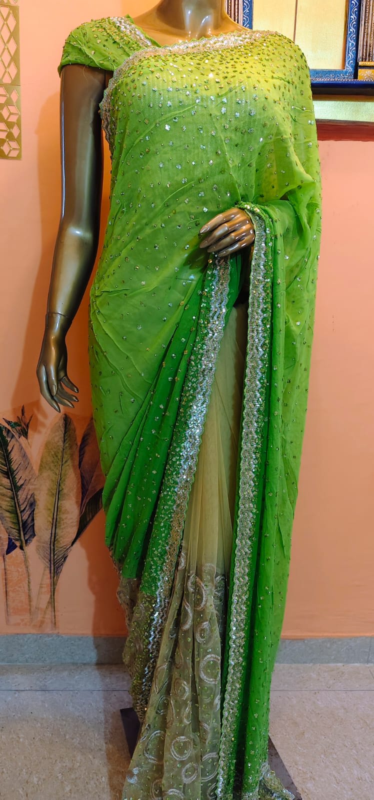 Lime Green Georgette Saree with Sequin Lace Pallu