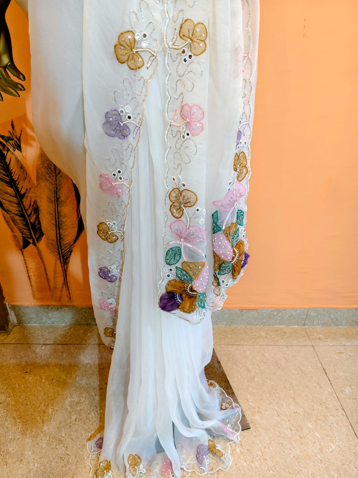 Ivory Organza Saree with Embroidered Floral Pallu