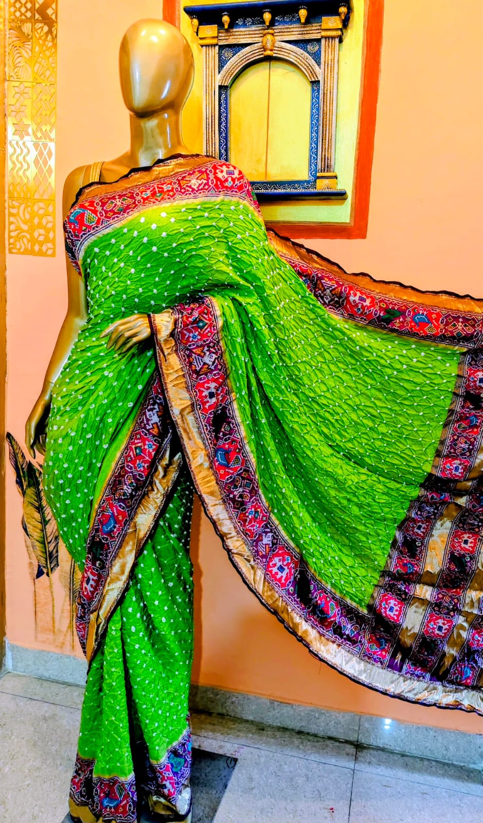 Lime Green Saree with Red Patterned Border