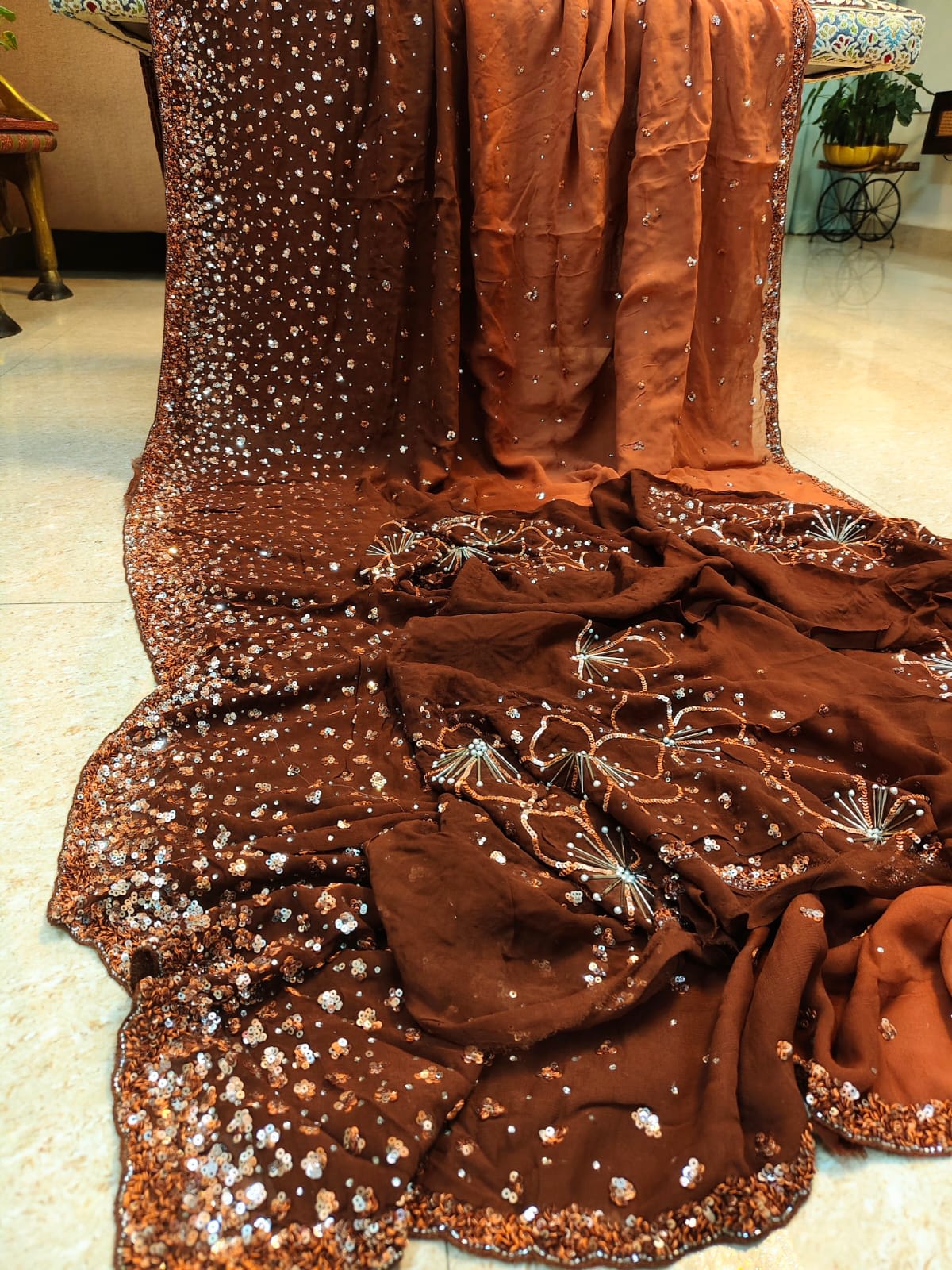 Rust Georgette Saree with Sequin Embroidery