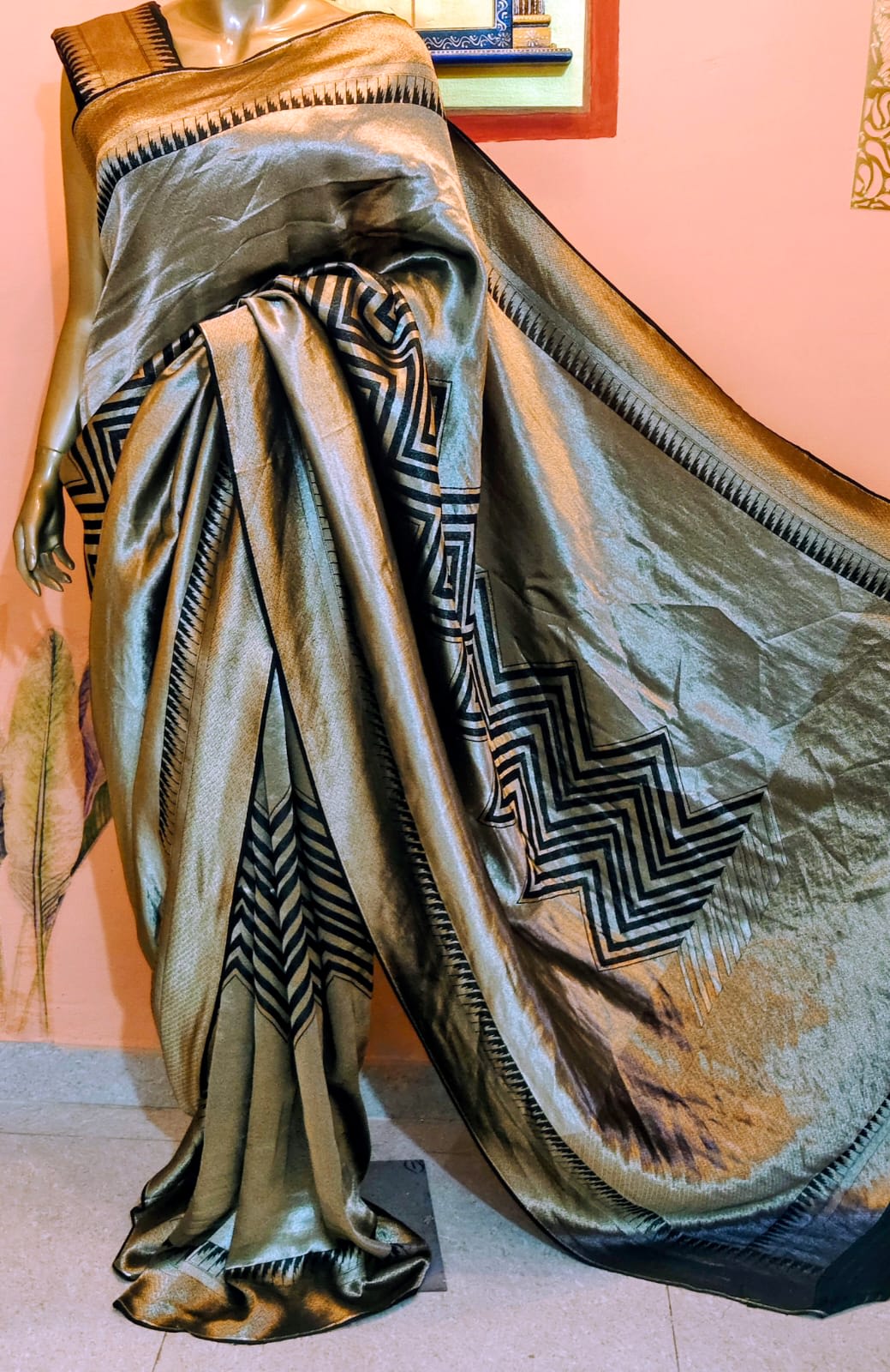 Grey Tissue Saree with Zigzag Pallu