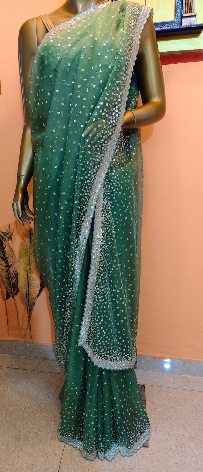 Bottle Green Organza Saree with Sequin Embroidery
