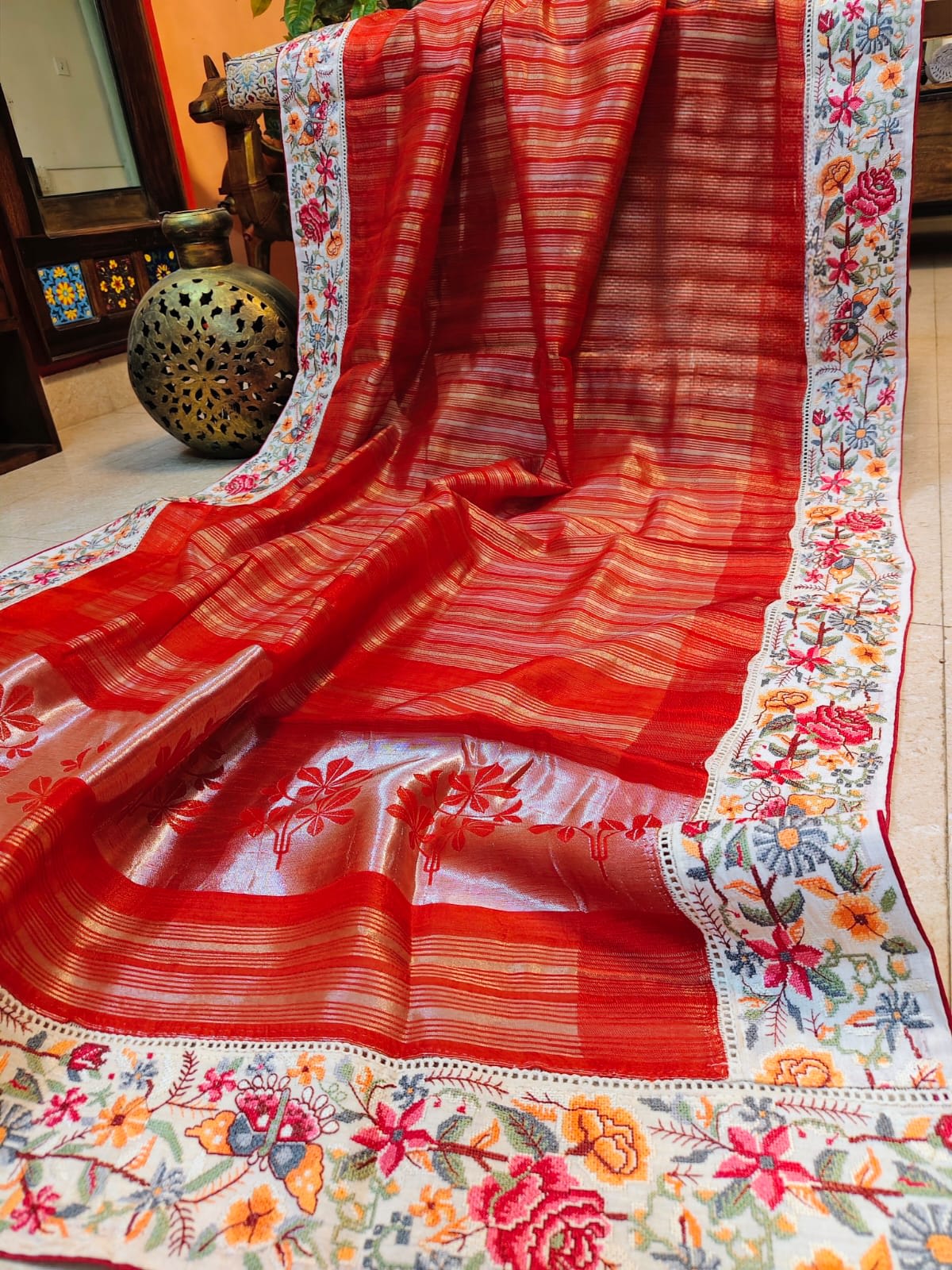 Red Tissue Saree with Floral Embroidered Border