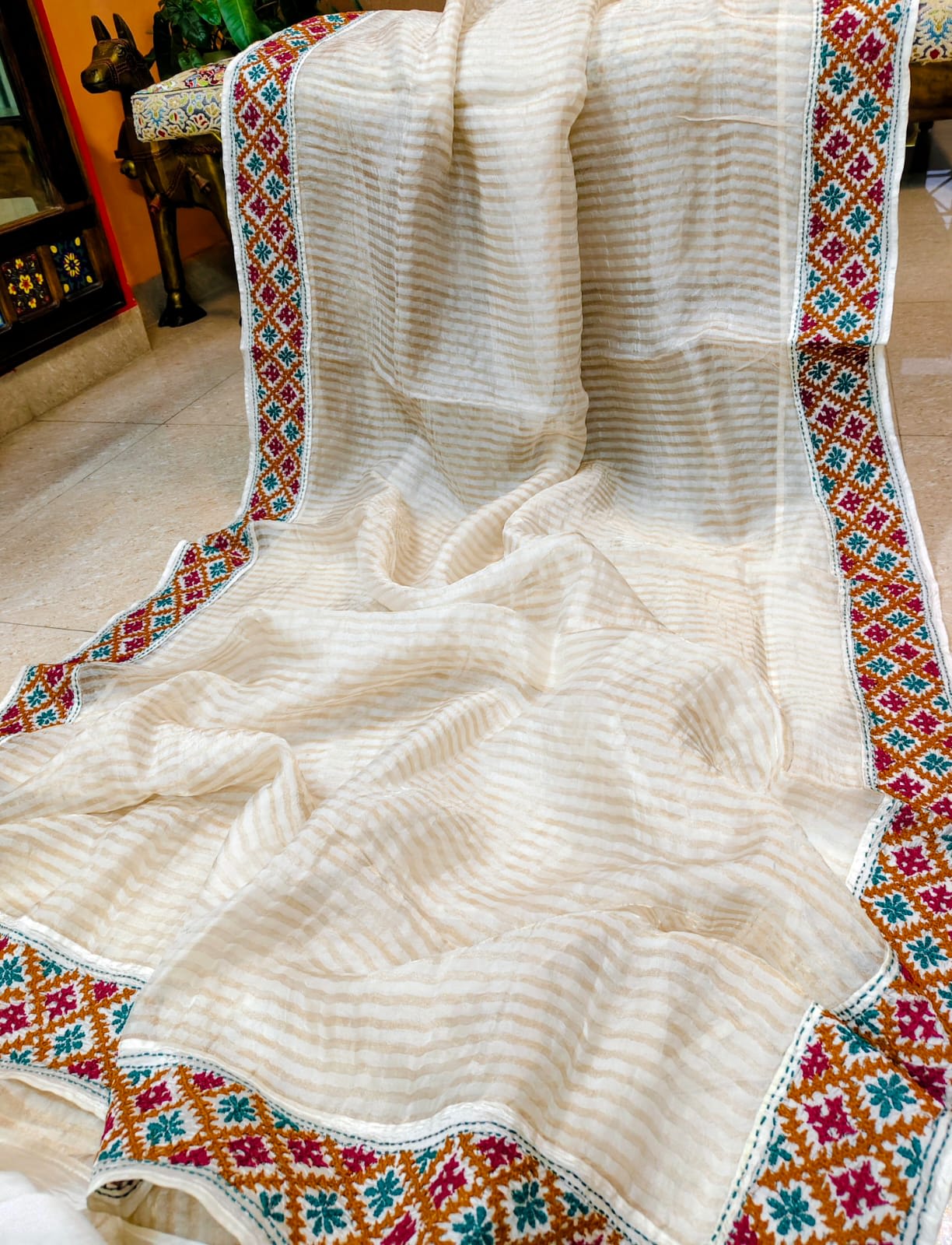 Ivory Organza Saree with Kutch Hand Work Border