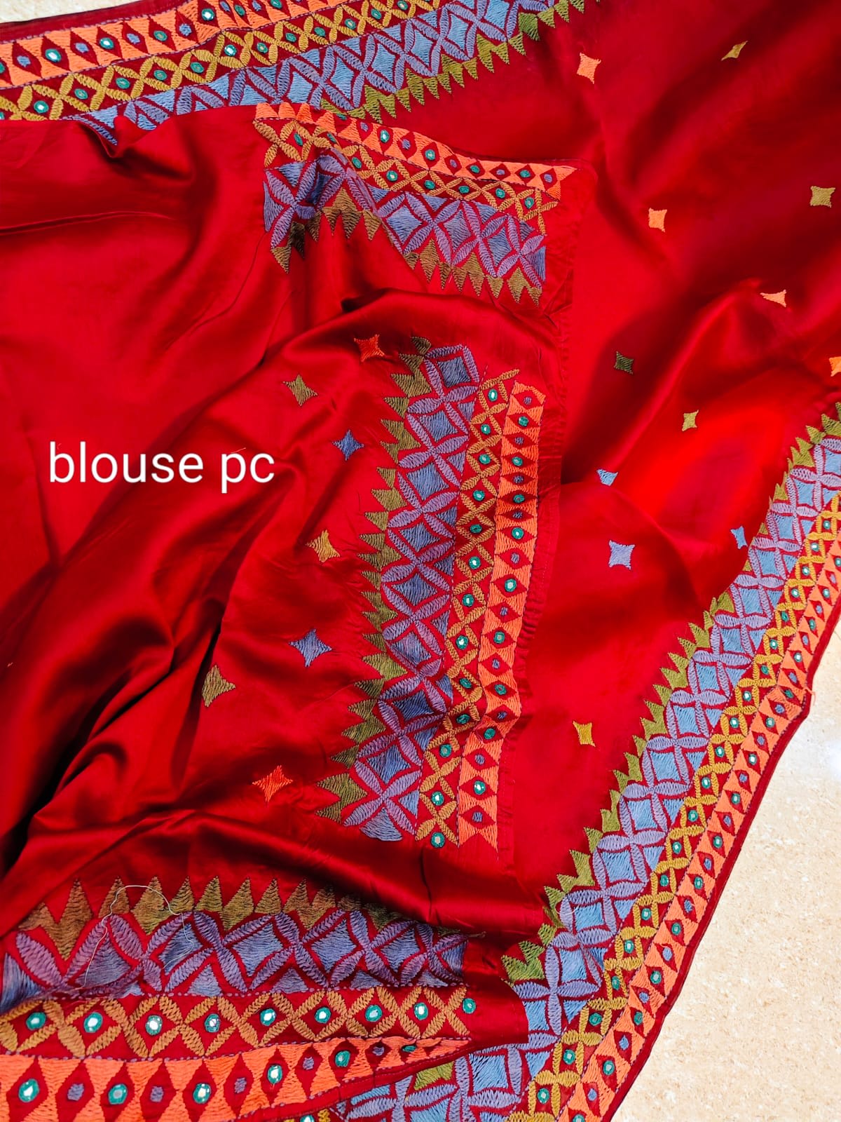 Red Organza Saree with Kathiawadi Embroidery