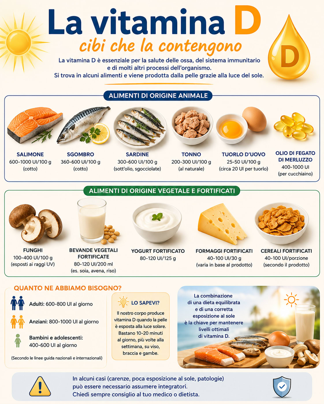Infografica alimenti con vitamina D - quantità esatte salmone 600-1000 UI, sgombro 360-600 UI, sardine, tonno, tuorlo 20 UI per tuorlo, olio fegato merluzzo, funghi 100-400 UI - Studio de Franchis