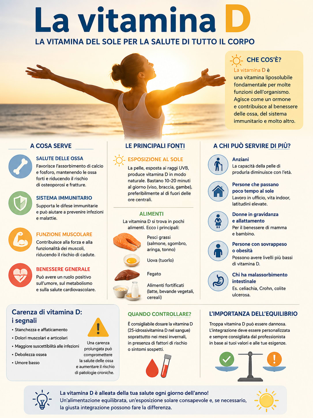 Infografica La vitamina D del sole per la salute di tutto il corpo - a cosa serve, fonti, a chi serve di più, carenza, quando controllare - Studio Dietologico de Franchis