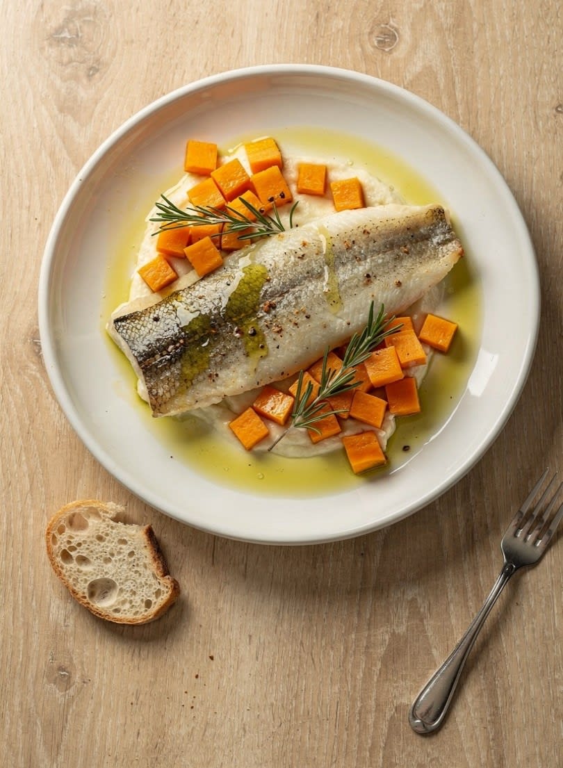 Merluzzo al Forno con Dadolata di Zucca e Rosmarino