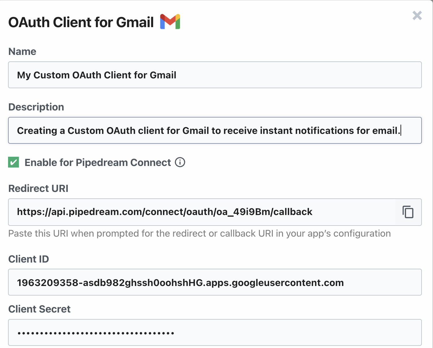 Custom OAuth Client creation on Pipedream