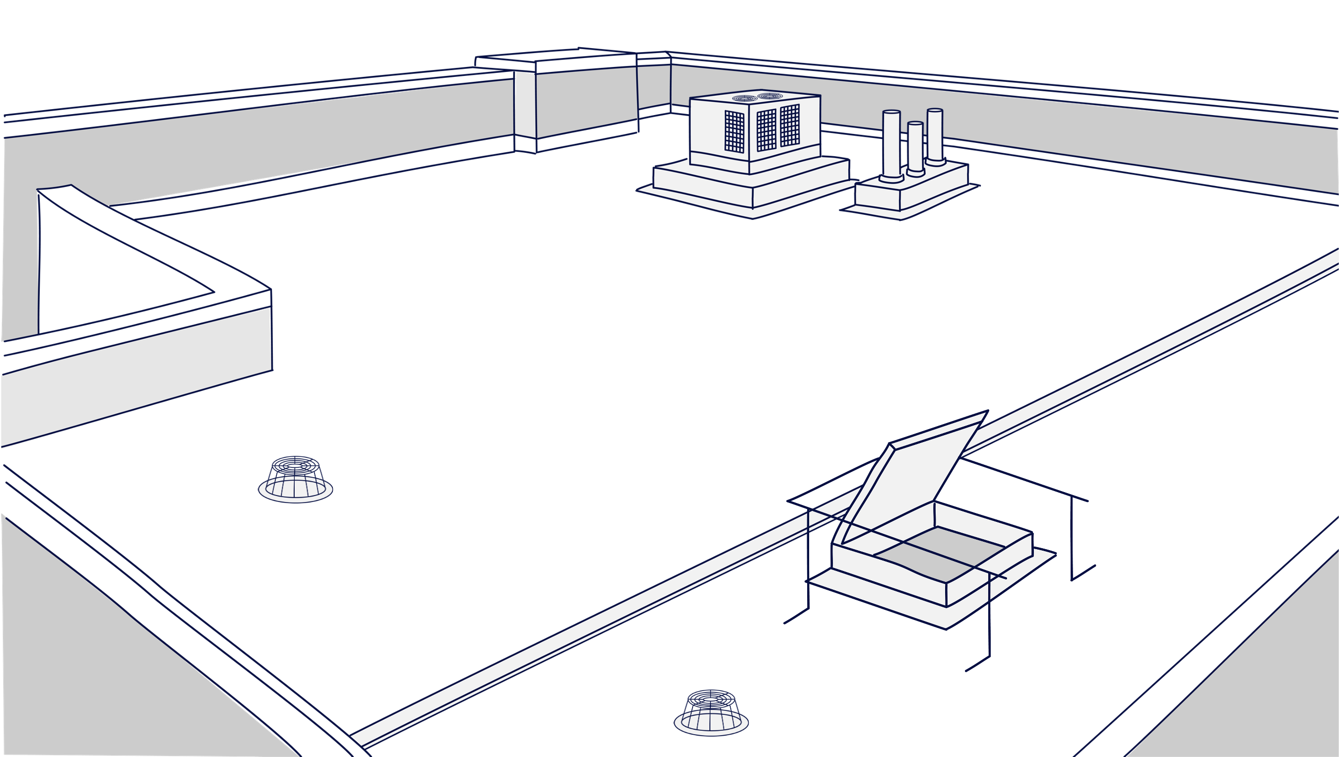 Isometric roof showing waterproof detailing, substrate, drainage, plant and equipment, building joints and access points