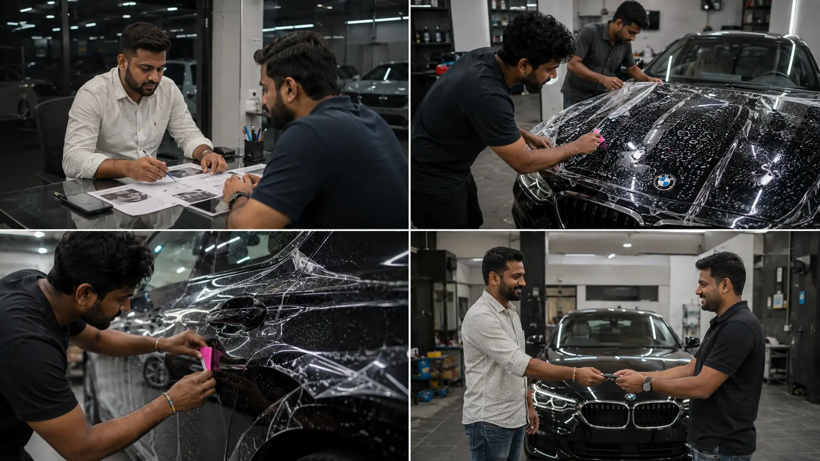 Technician applying paint protection film to a vehicle during a professional installation