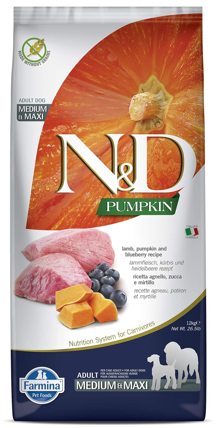 FARMINA N&D Pumpkin Lamb and Blueberry Dog Dry Food, Grain-Free, Adult Medium & Maxi Breed