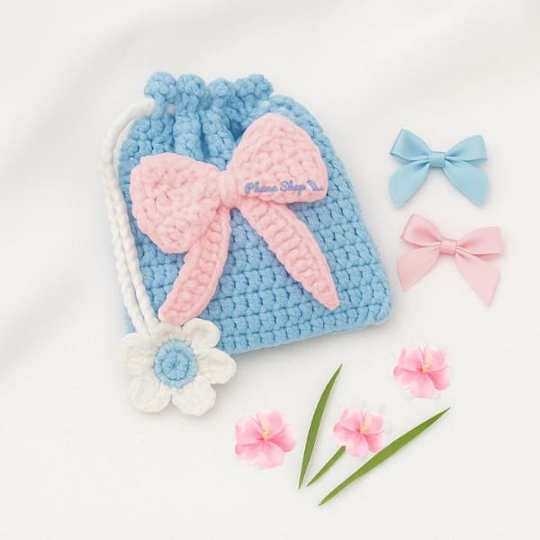 Tas rajut handmade model pita dengan bunga