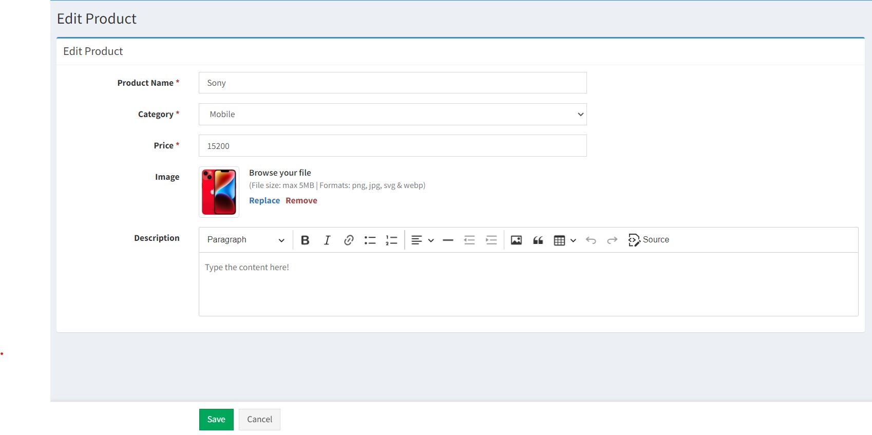 Screenshot of edit page