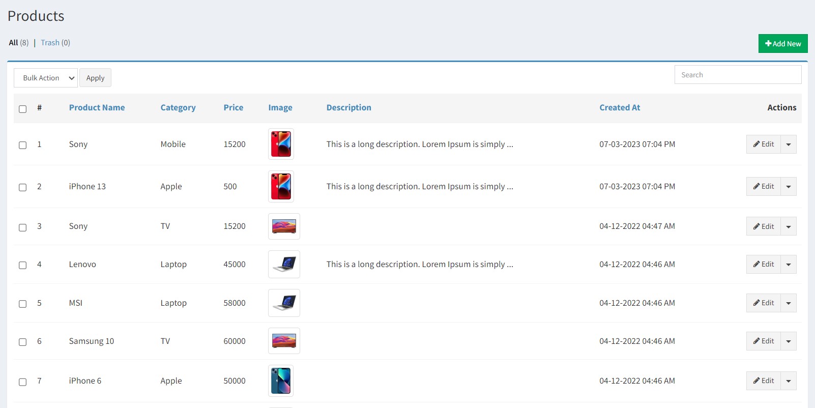Screenshot of list page
