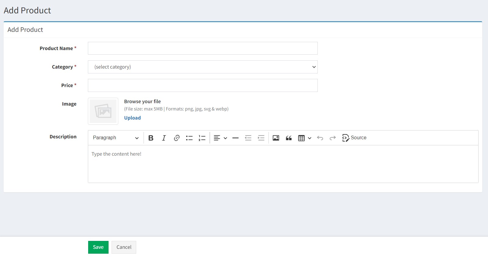 Screenshot of create page