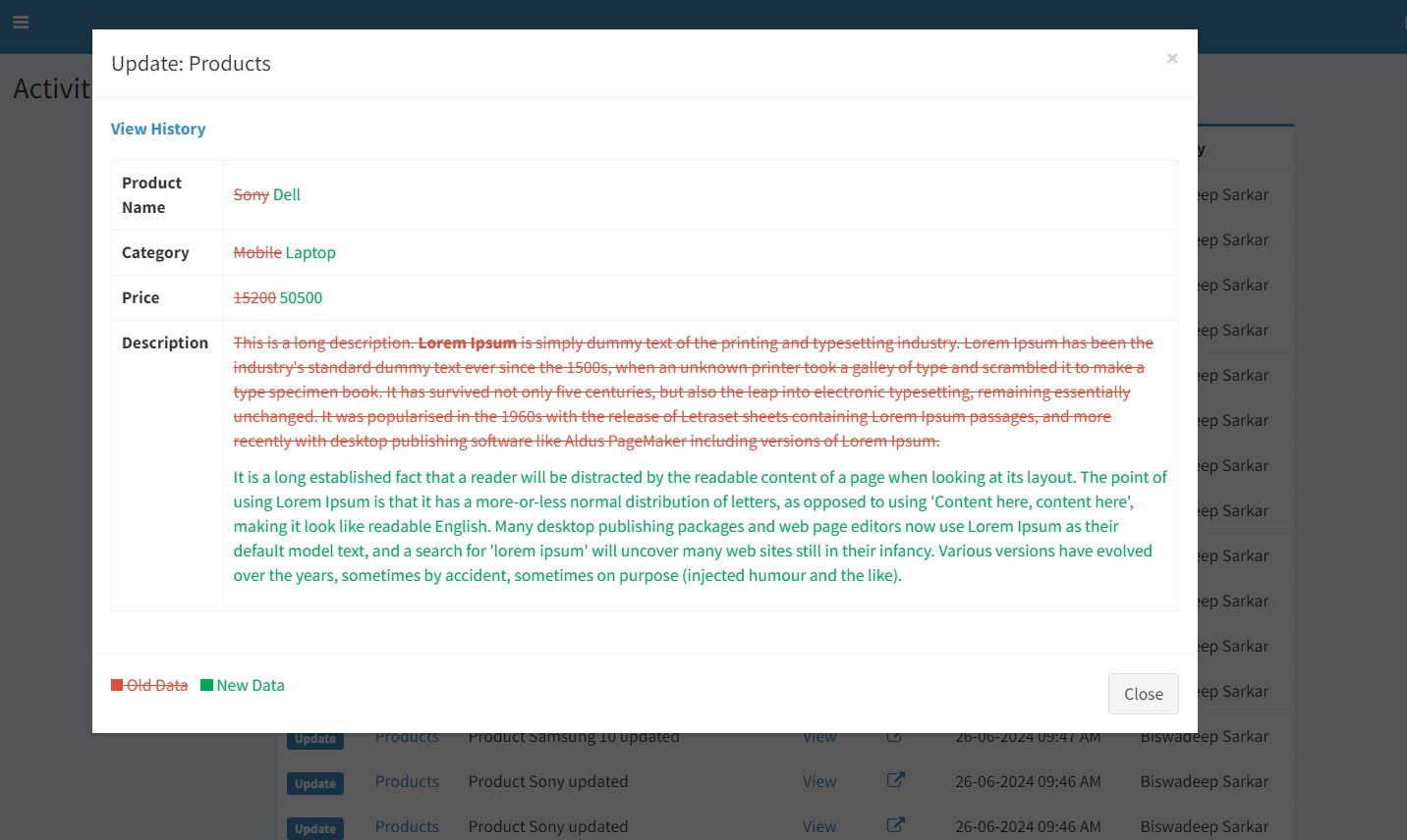 Screenshot of sctivities updated field