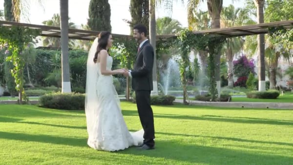 Bride and groom in the garden