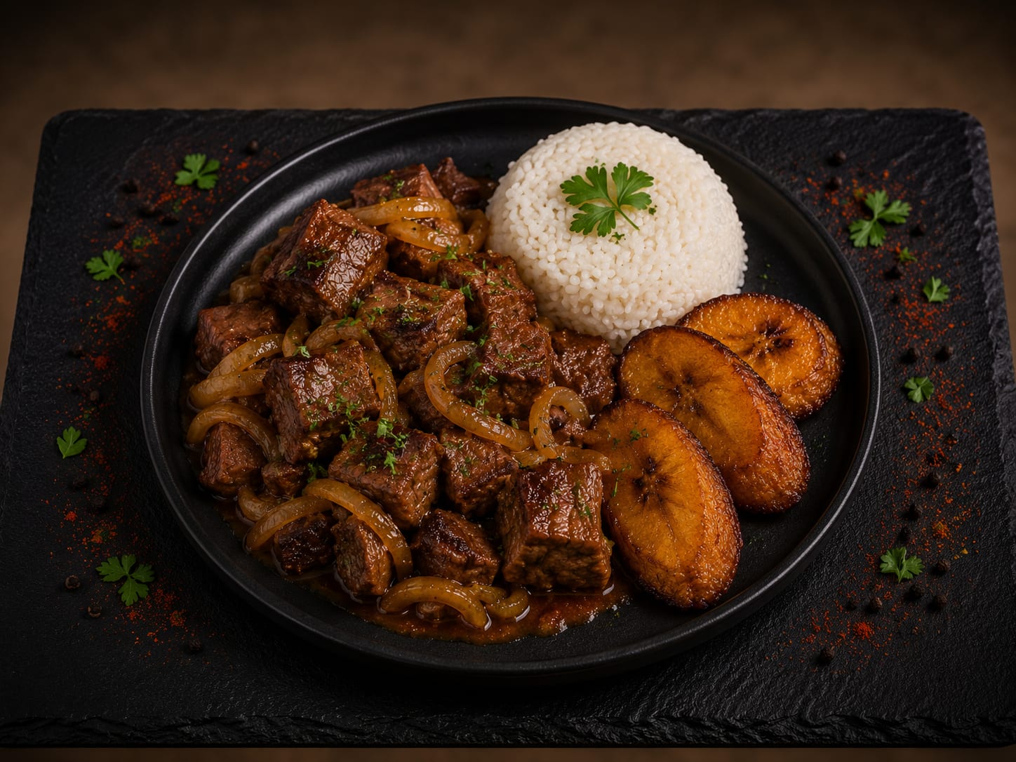 Bistec encebollado de filete de cerdo con arroz moro y tostones