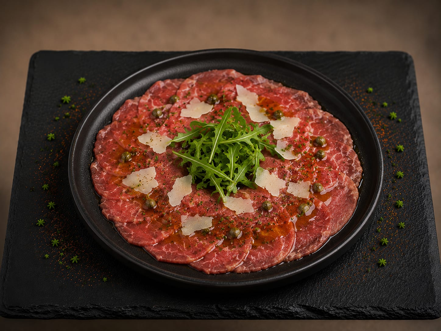 Carpaccio de res con queso parmesano y aceite de trufas