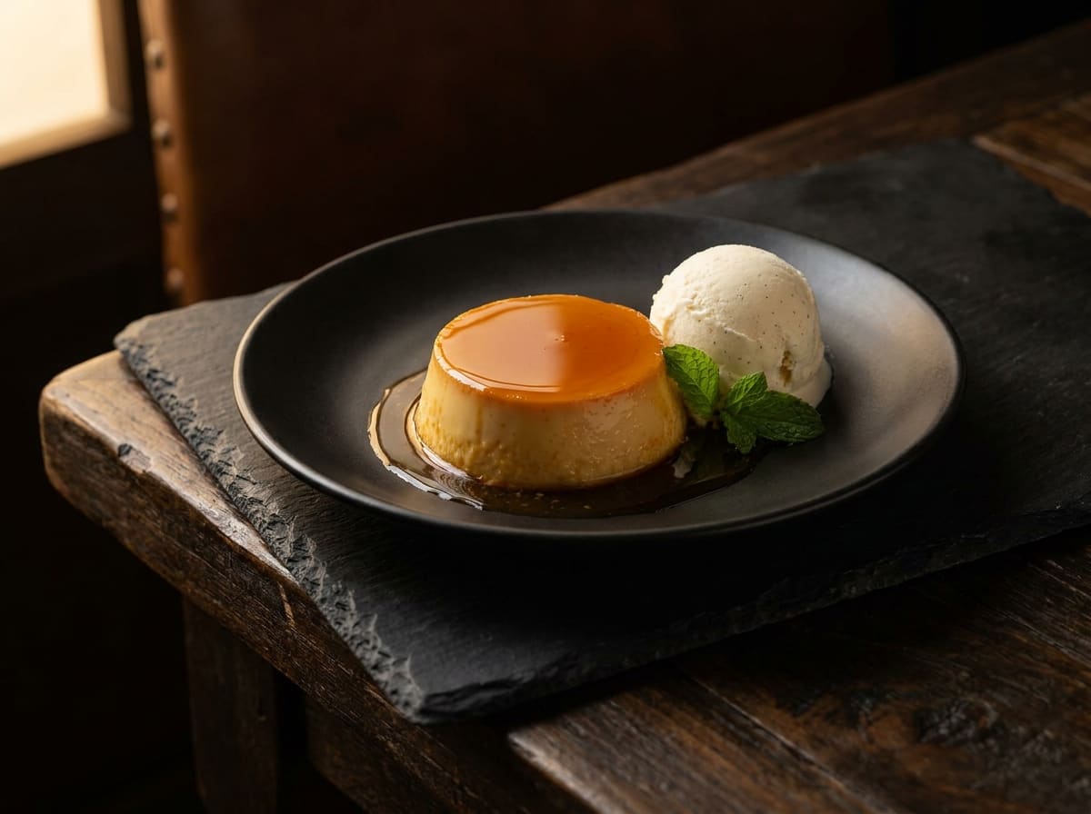 Flan con helado