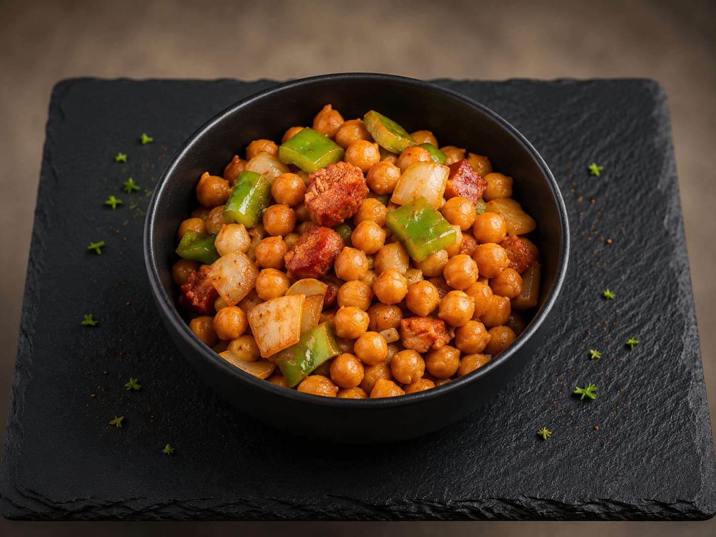 Garbanzos fritos con bacon y chorizo español