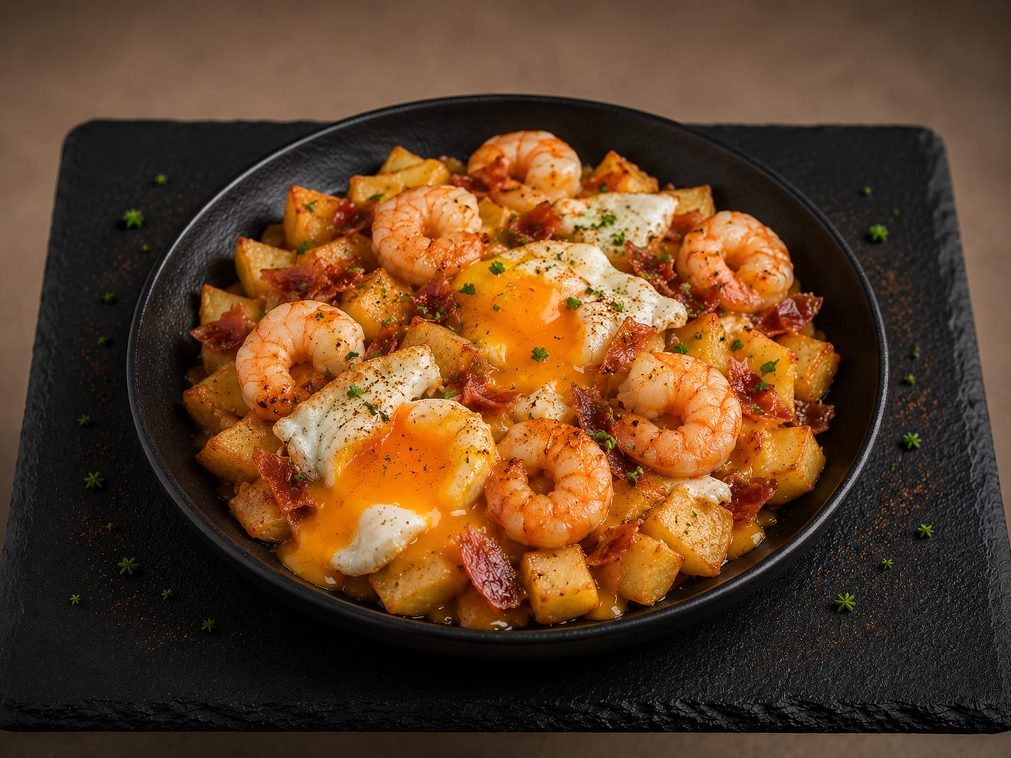 Huevos rotos con gambas