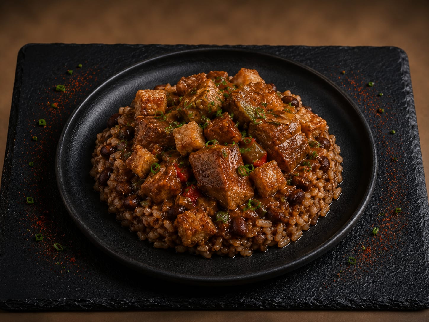 Masas de cerdo con arroz moro y tostones