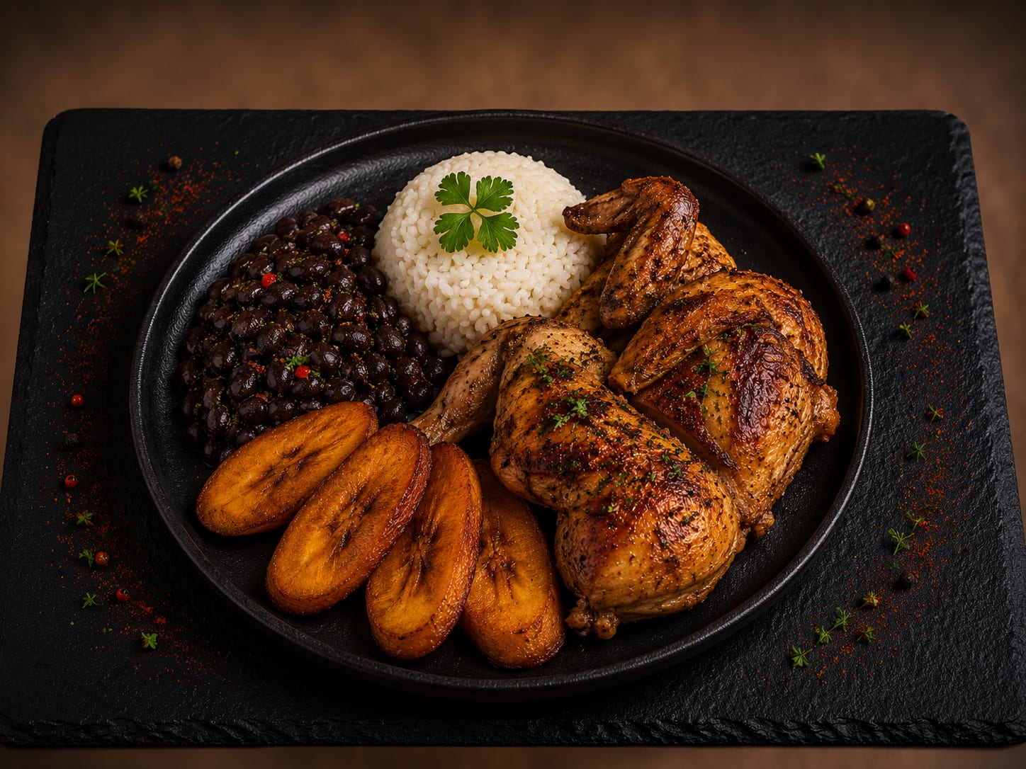 Medio pollo asado estilo casero con arroz blanco, frijoles negros y chicharritas