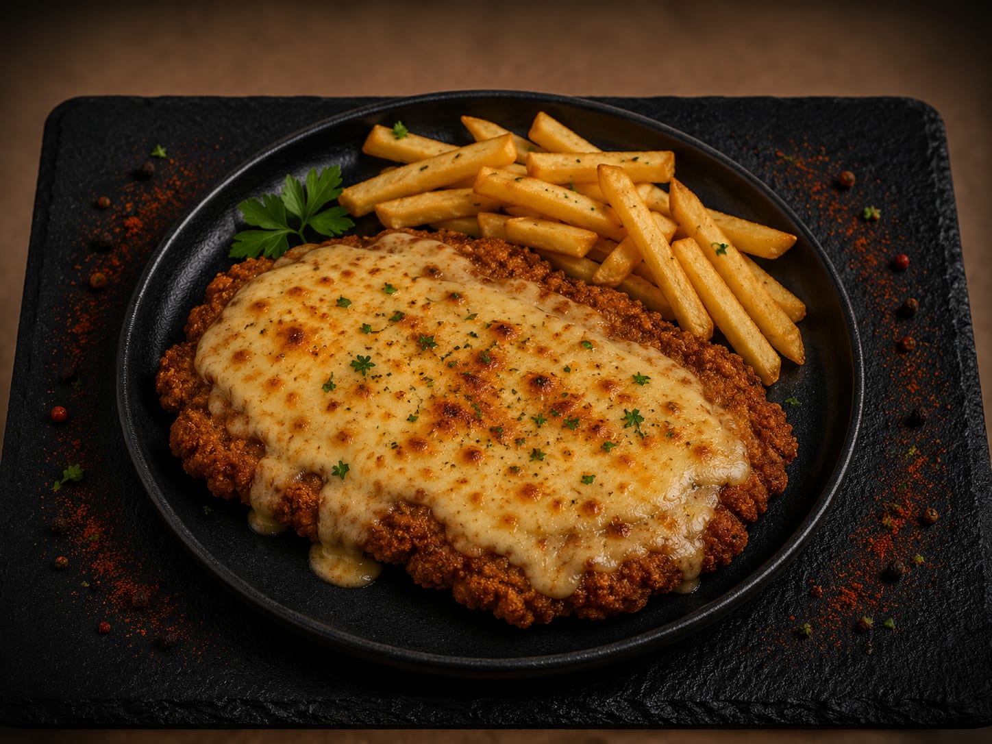 Milanesa de cerdo empanado con fondue de queso