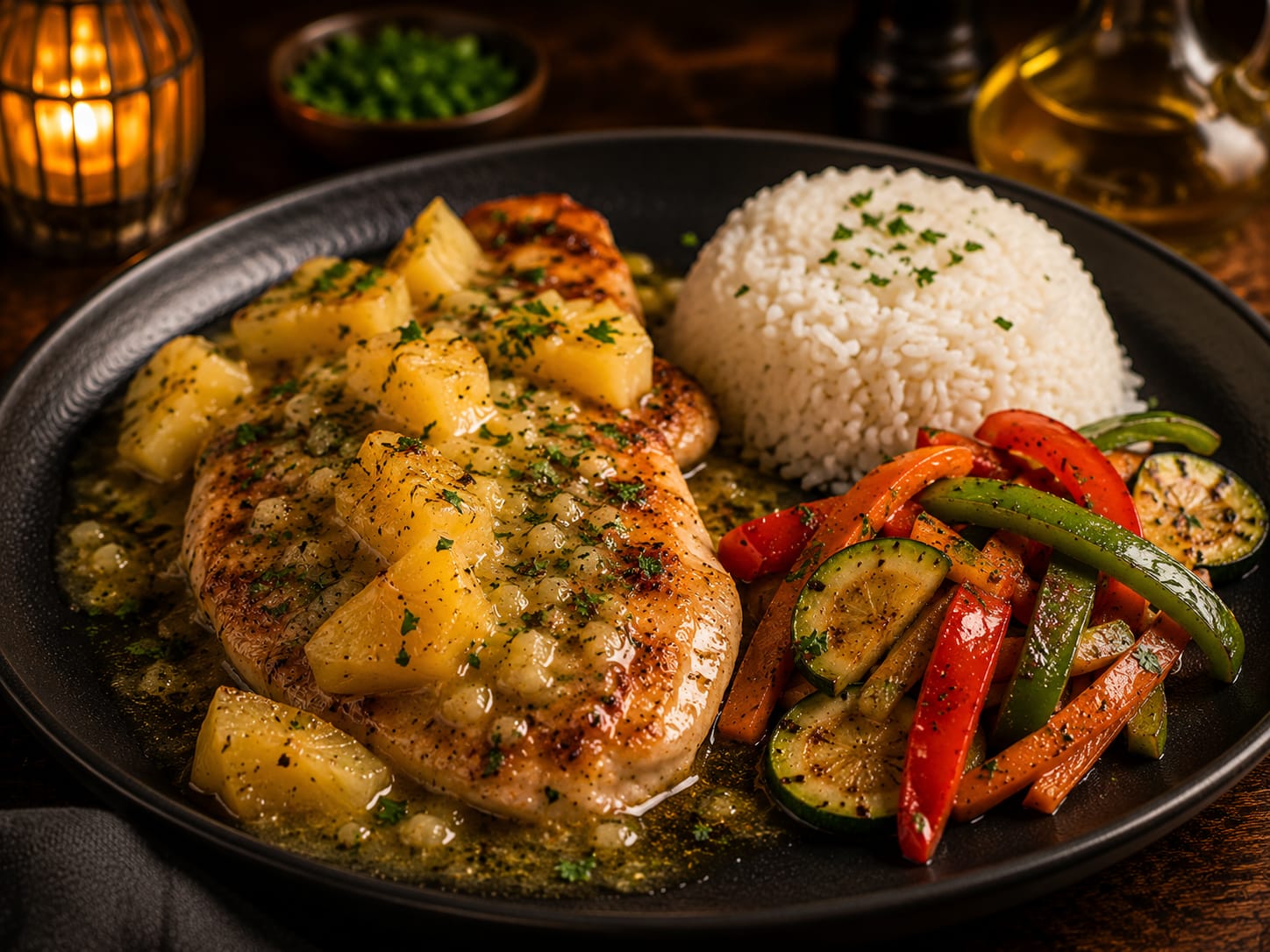Pechuga de pollo al ajillo con piña glaseada