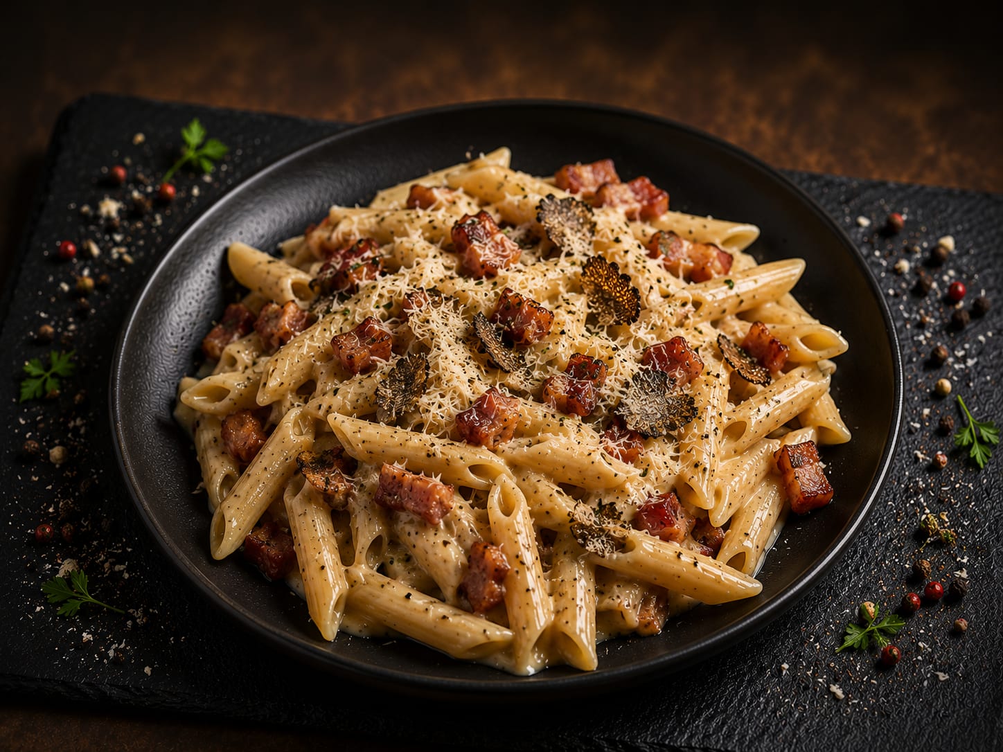 Penne con bacon y trufas