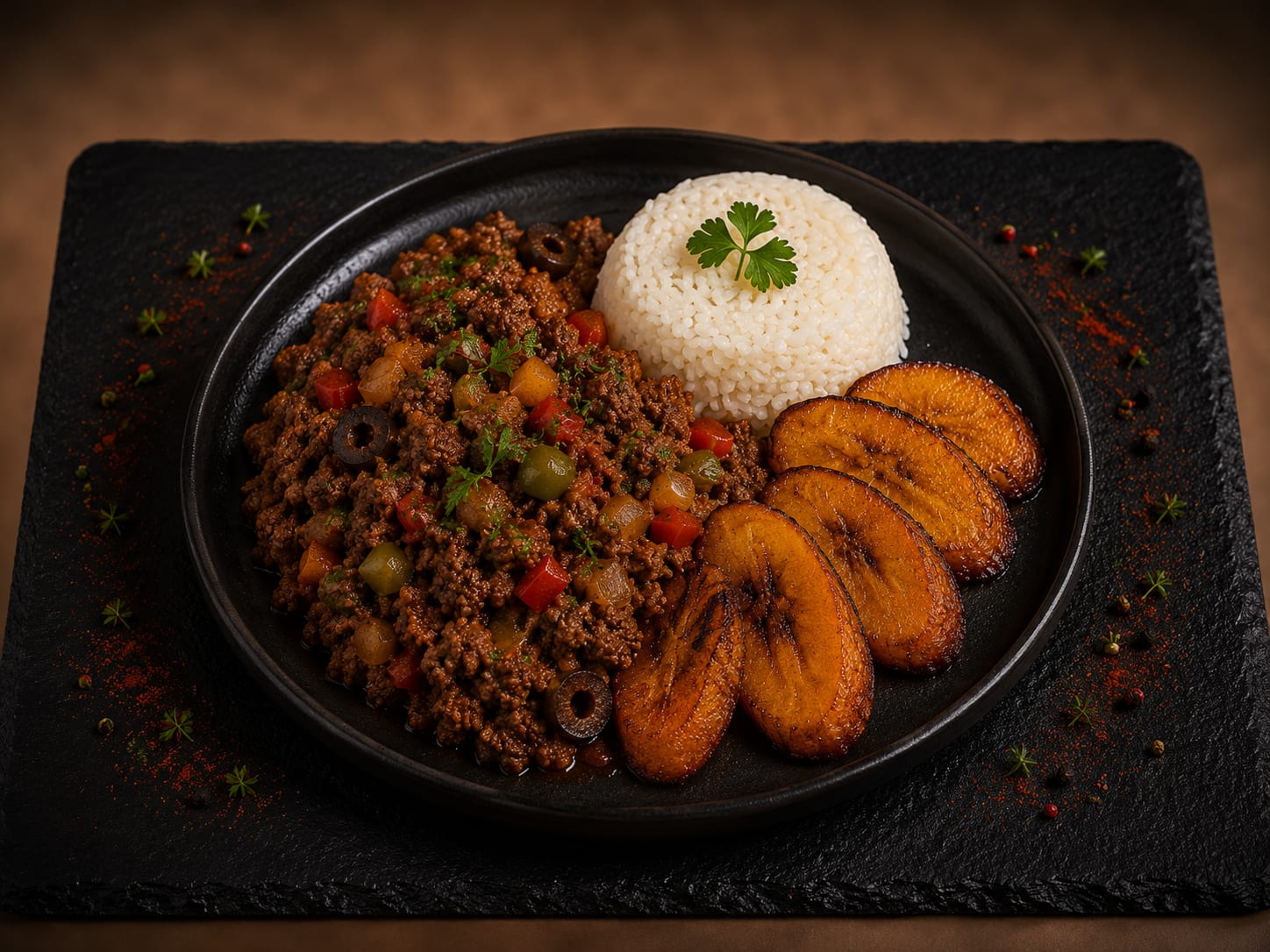Picadillo de res a La Habanera con arroz blanco y plátanos maduros fritos