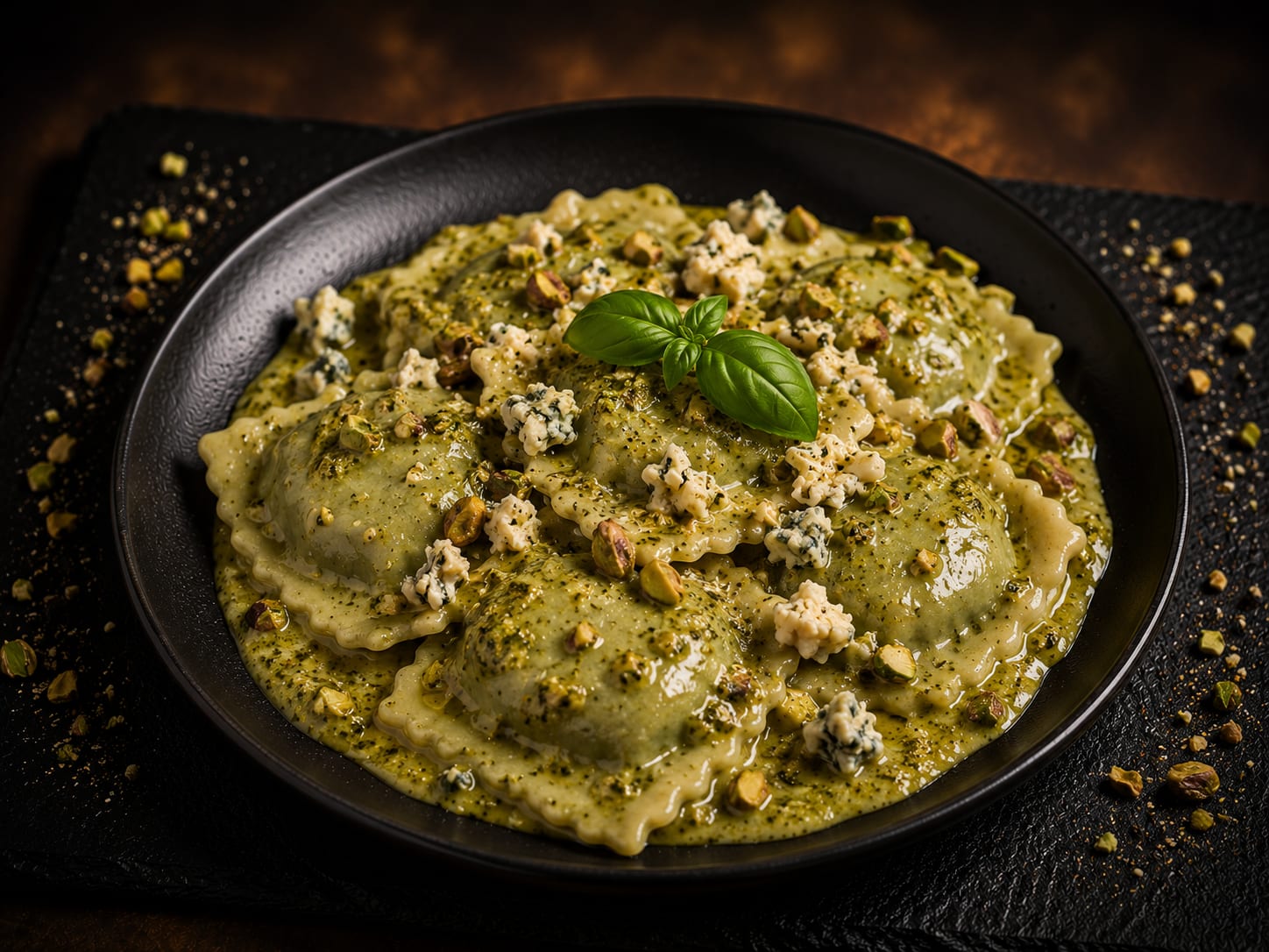 Raviolis de espinaca y queso azul en pesto de pistacho