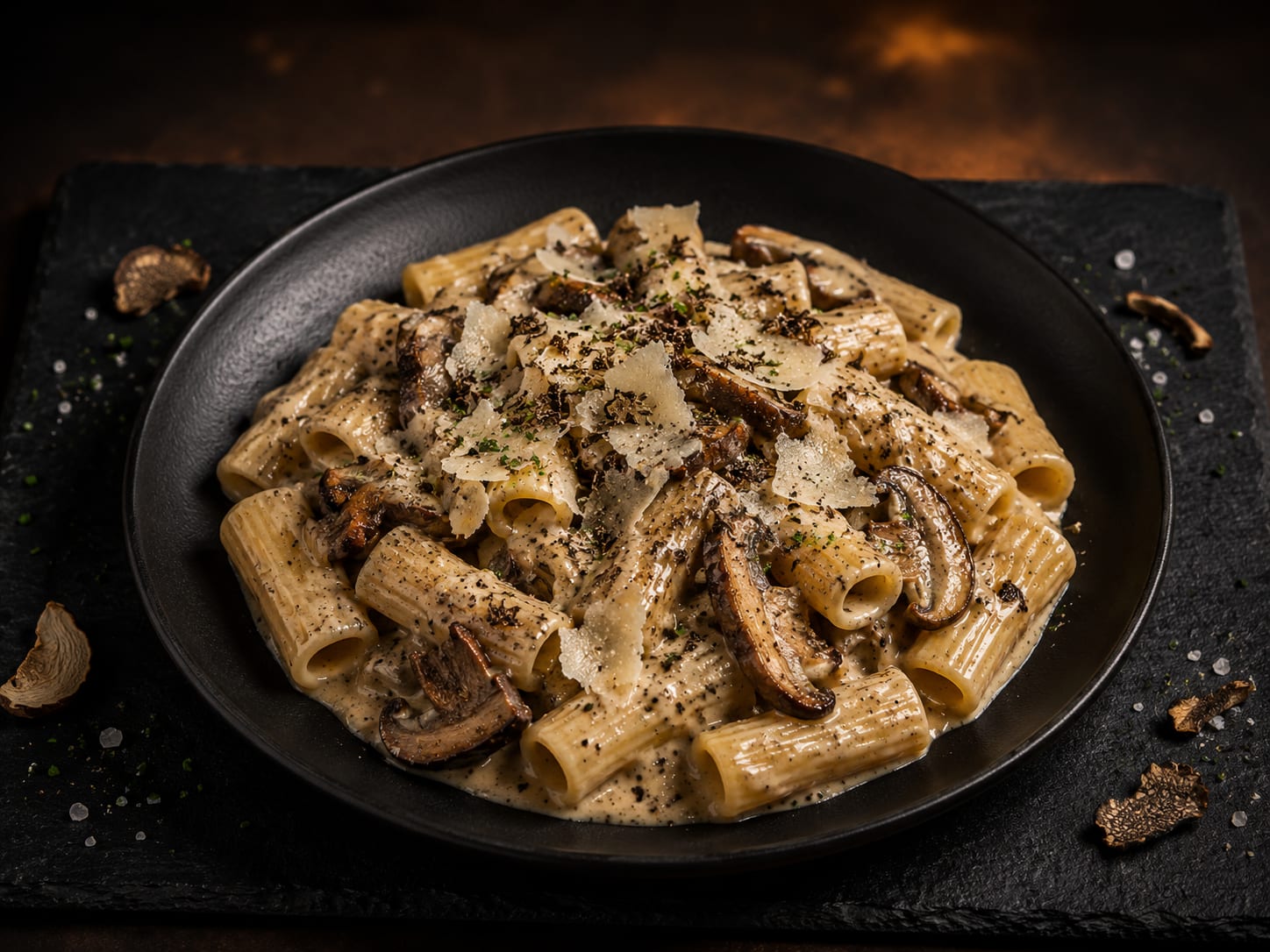 Rigatoni al porcini y crema de trufas