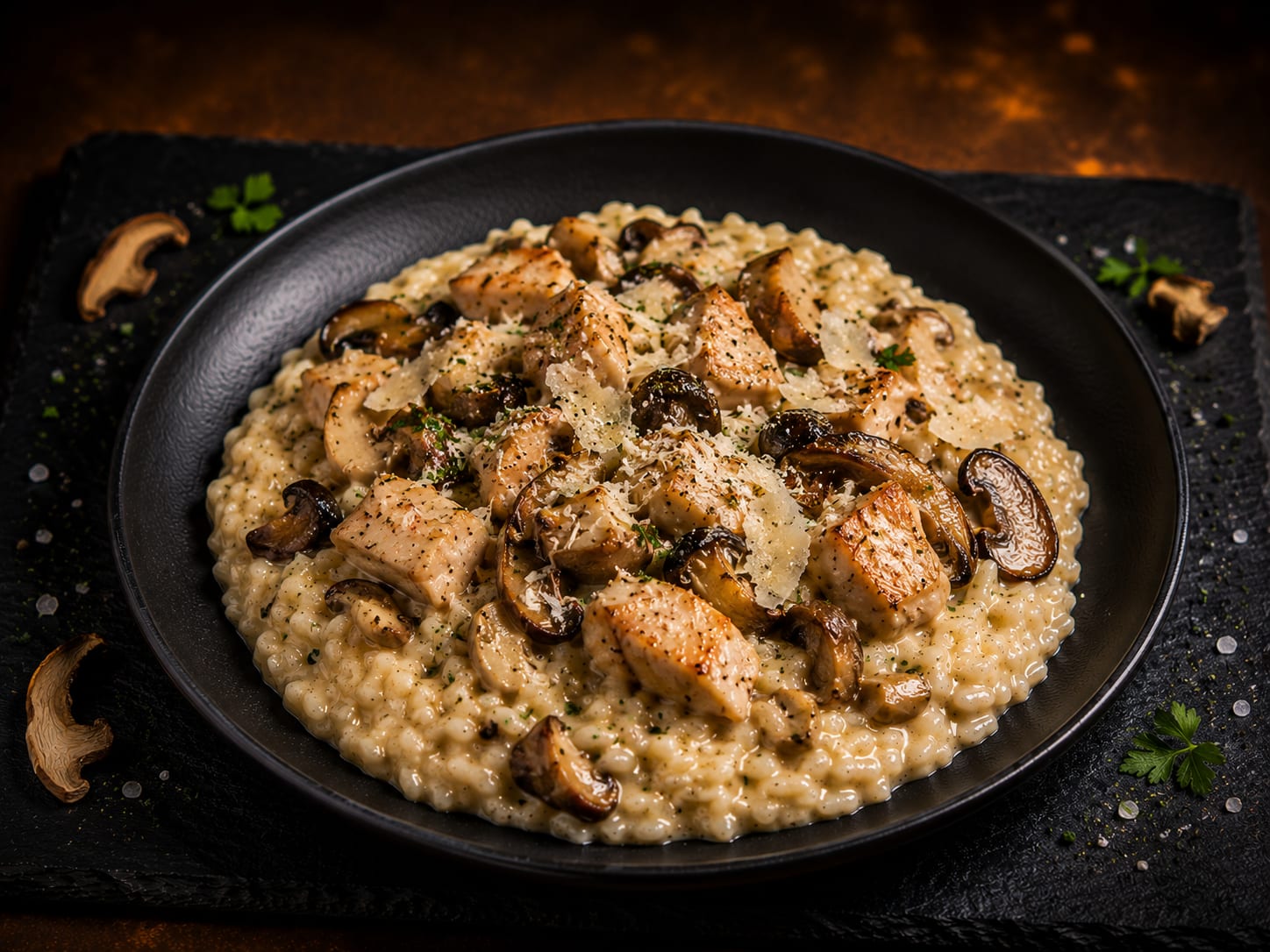 Risotto de pollo y porcini