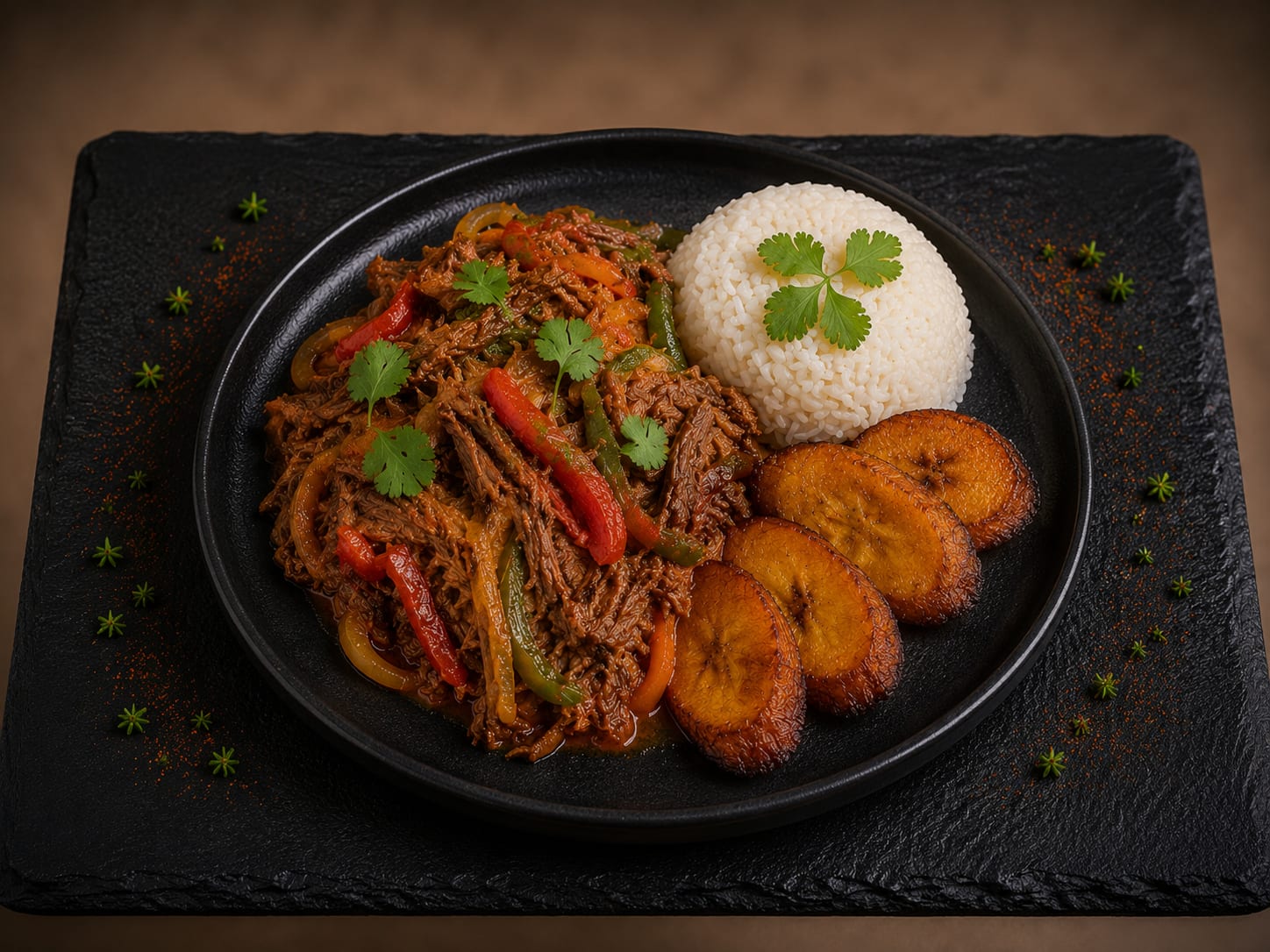 Ropa vieja de res con arroz blanco y plátanos maduros fritos