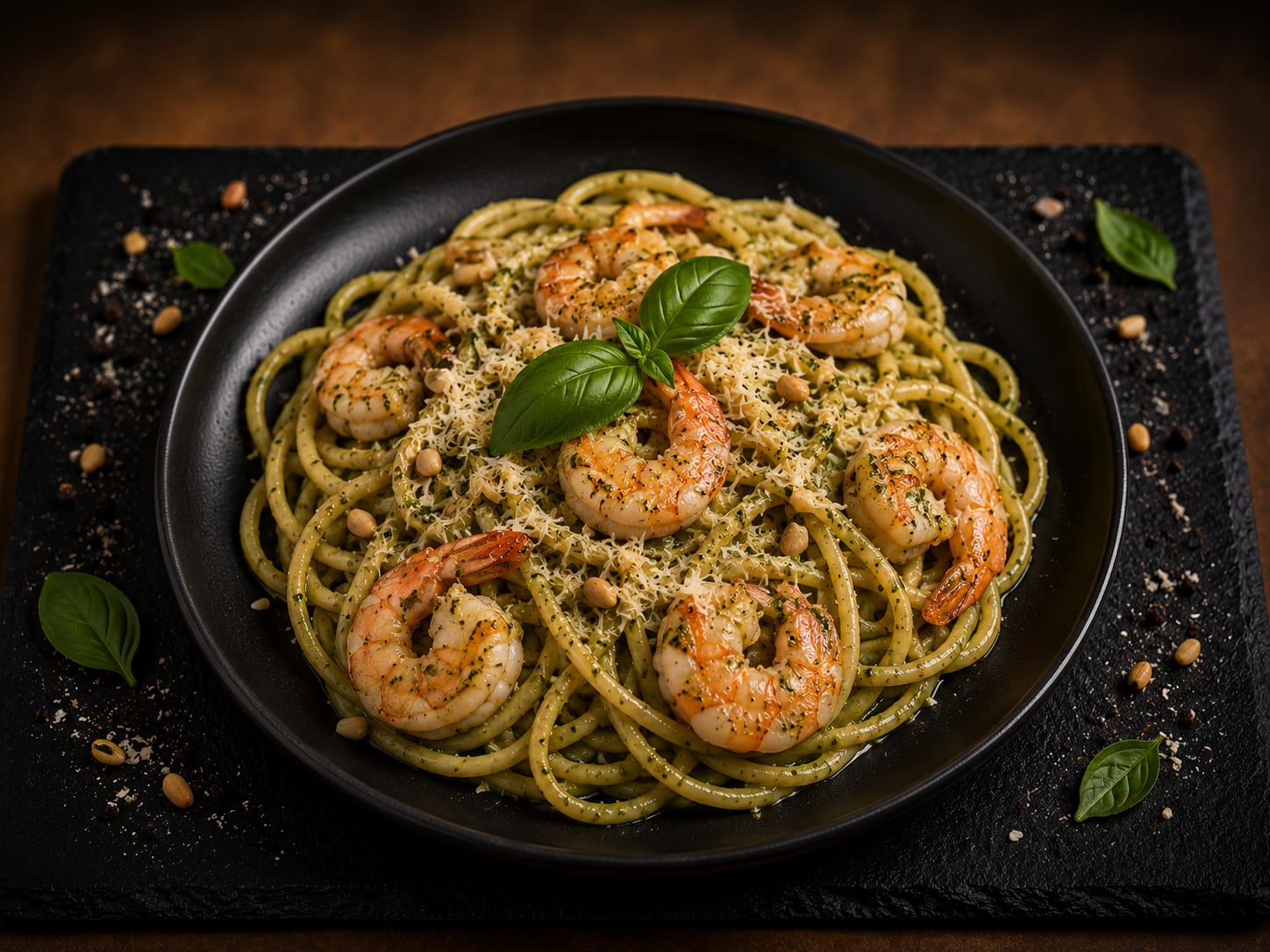 Spaghetti al pesto con camarones
