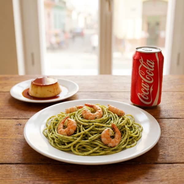 Spaghetti al Pesto con Camarones