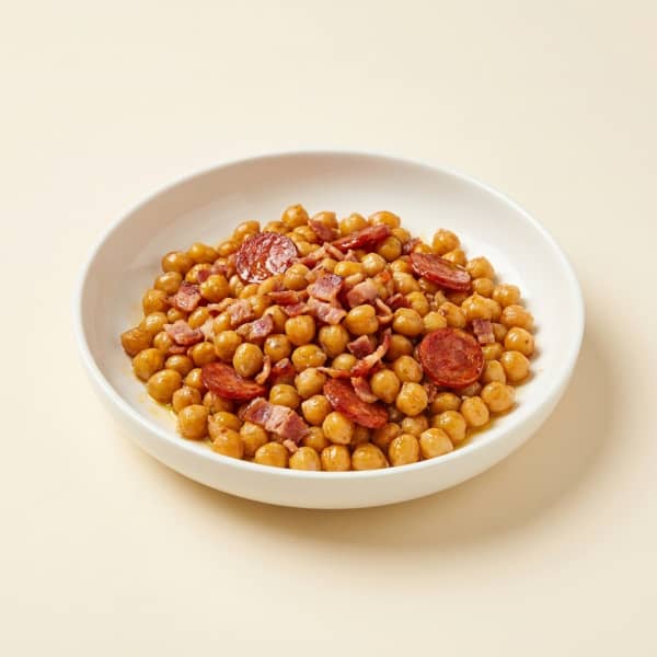Garbanzos fritos con bacon y chorizo español