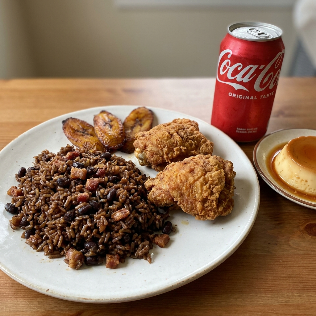 Completa de Pollo Frito Crujiente — termopack con la comida, la bebida y el flan