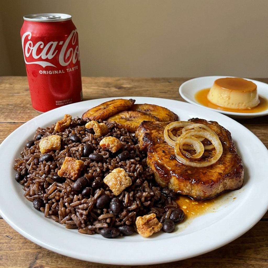 Completa de Bistec de Cerdo — termopack con la comida, la bebida y el flan