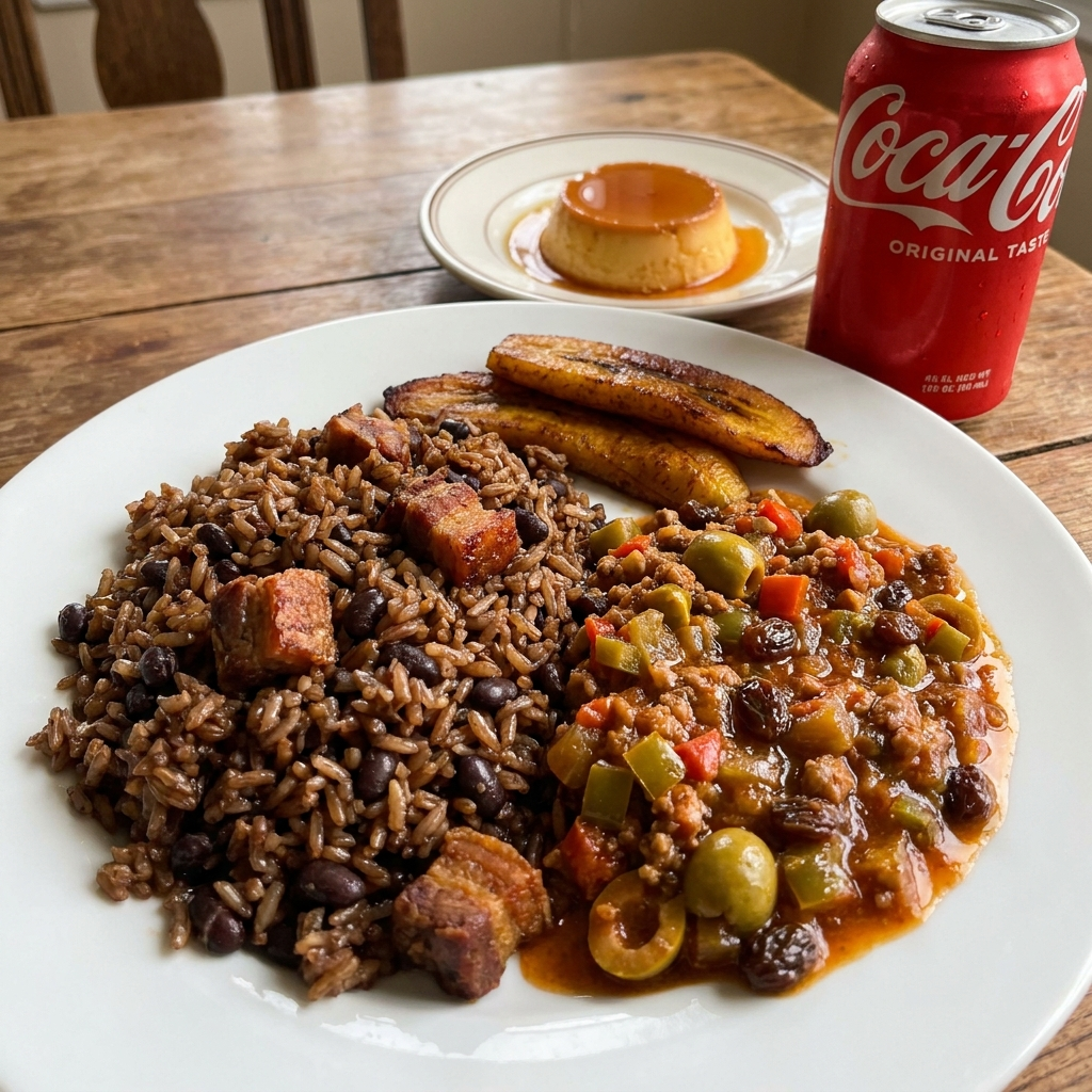 Completa de Picadillo Habanero — termopack con la comida, la bebida y el flan