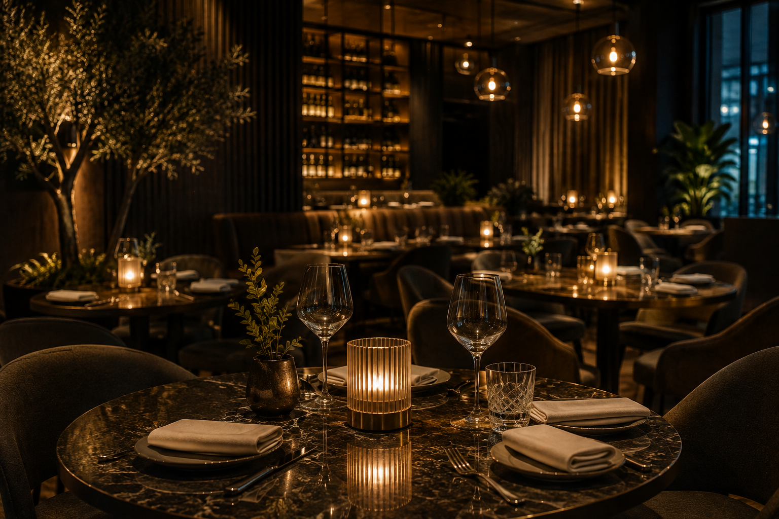 Ambiente de un restaurante elegante con música instrumental